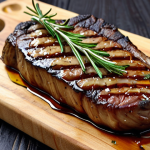 **Image Prompt:** A vibrant vegan "steak" made from grilled Eryngui mushrooms, drizzled with olive oil, garnished with fresh herbs (rosemary, thyme), and a sprinkle of garlic, presented on a rustic wooden board. Focus on texture and appetizing presentation.