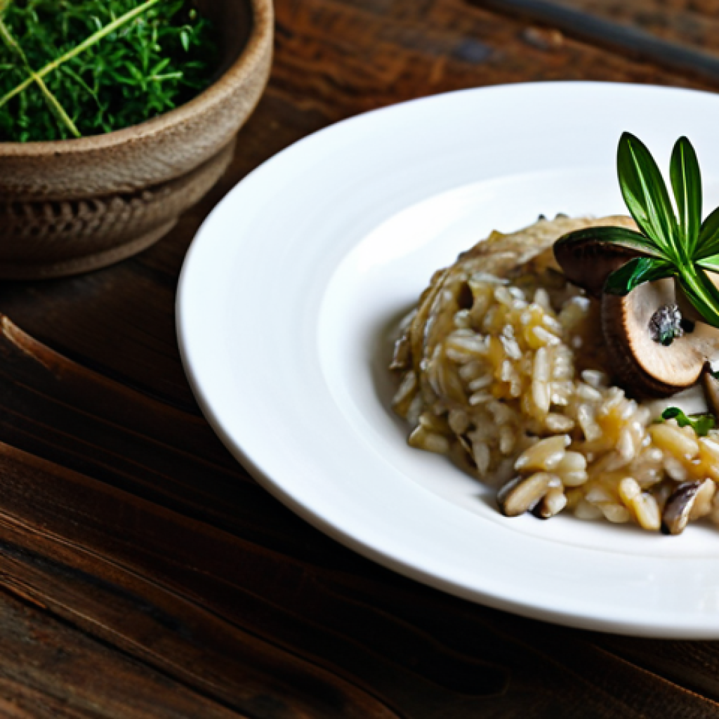 Mushroom Risotto Presentation**

"A beautifully plated mushroom risotto, garnished with fresh thyme sprigs, served on a rustic wooden table in a brightly lit kitchen. The risotto is creamy and perfectly cooked, with visible mushroom pieces. Focus on textures and appetizing presentation. fully clothed, appropriate content, safe for work, professional, perfect anatomy, natural proportions, high quality."

**