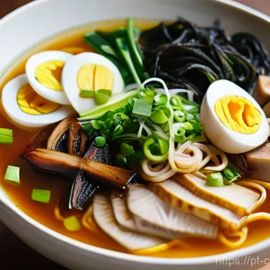 비건 요리에서의 깊은 맛을 위한 조합 - **Prompt:** A beautifully composed close-up of a steaming, vibrant bowl of homemade vegan ramen. The...