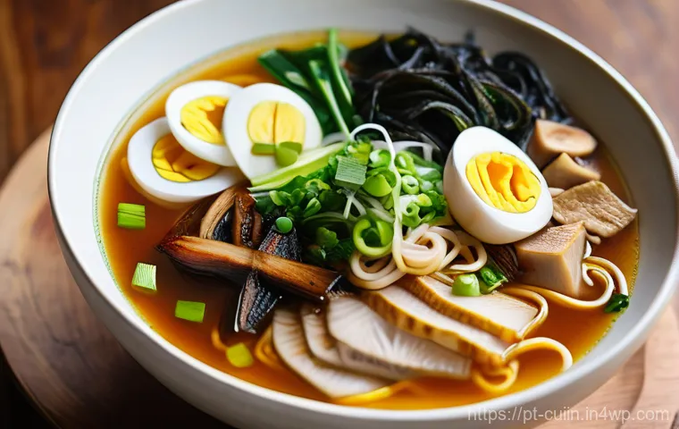 비건 요리에서의 깊은 맛을 위한 조합 - **Prompt:** A beautifully composed close-up of a steaming, vibrant bowl of homemade vegan ramen. The...