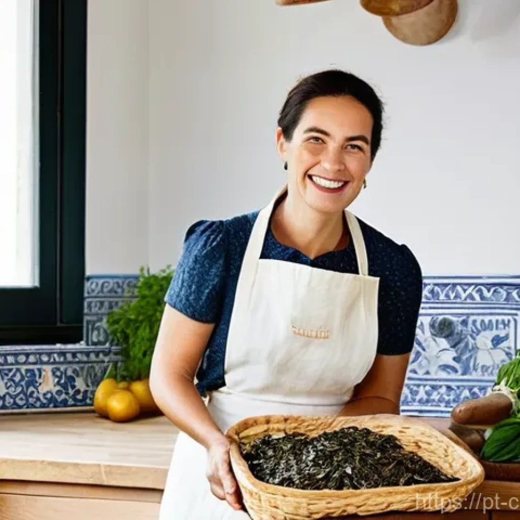 채식 요리에서의 감칠맛을 높이는 레시피 - **Umami Harvest in a Portuguese Kitchen**
* **Subject:** A smiling, warm-faced Portuguese woma...