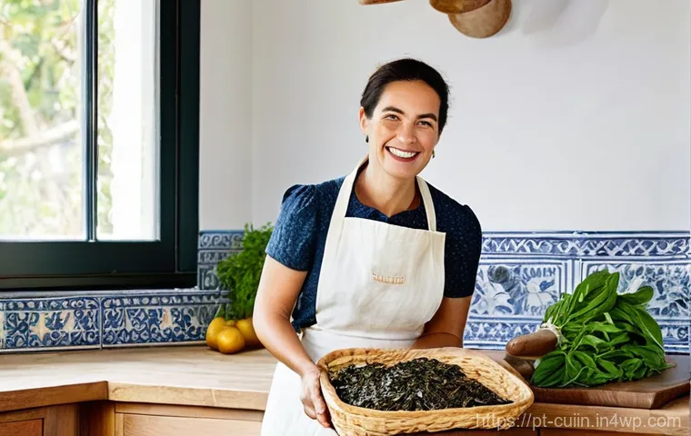 채식 요리에서의 감칠맛을 높이는 레시피 - **Umami Harvest in a Portuguese Kitchen**
* **Subject:** A smiling, warm-faced Portuguese woma...