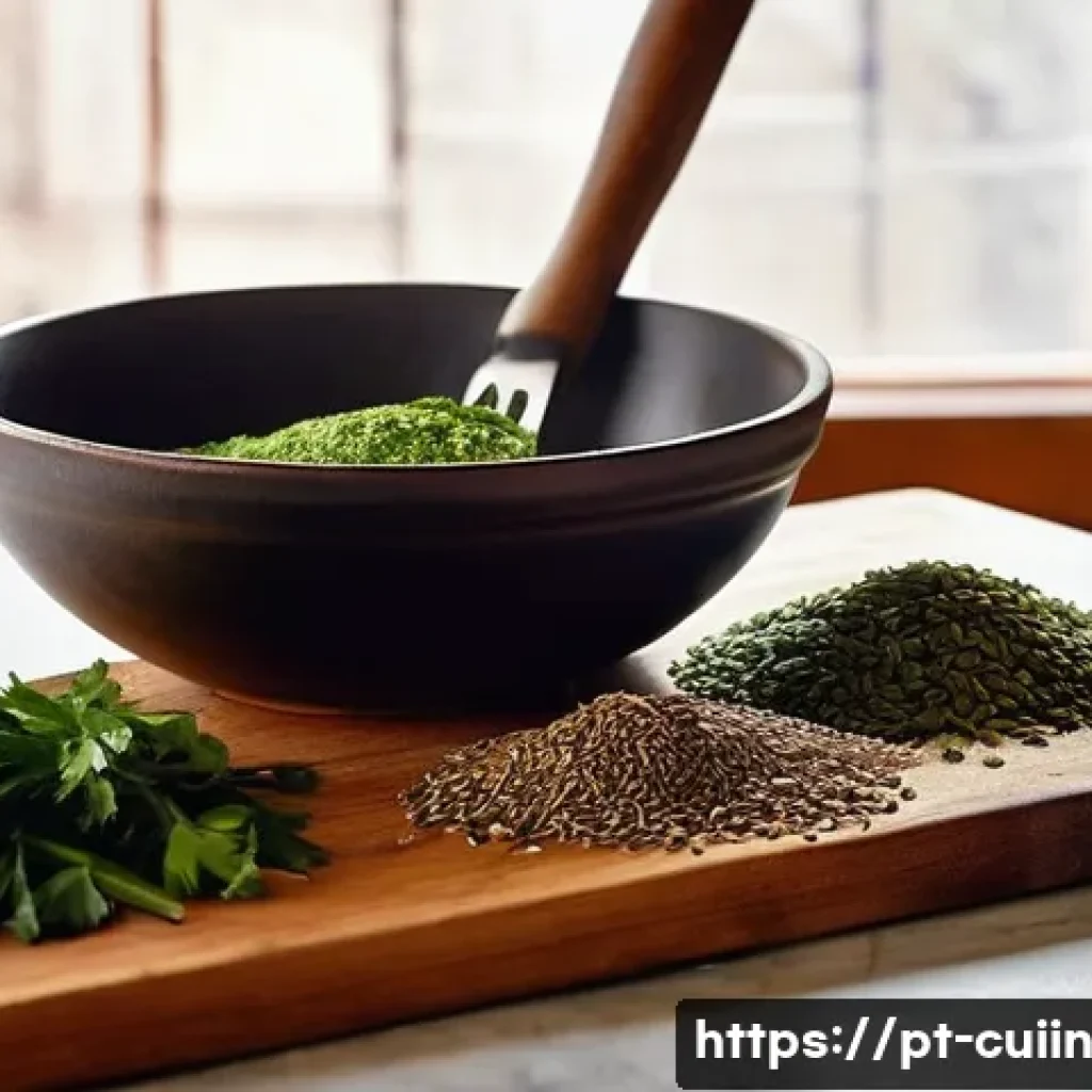 채식 요리의 풍미를 높이는 조리 기술 - **Prompt 1: The Alchemy of Herbs and Spices in a Portuguese Kitchen**
"A close-up shot of a vibr...