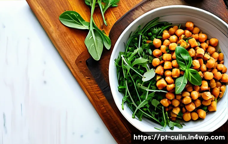 식물성 단백질로 풍미를 더하는 요리 - A vibrant, rustic kitchen scene featuring a colorful Mediterranean salad bowl filled with cooked chi...