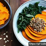 Home 20 비건 레시피에서의 식재료 조합 비법 - A vibrant vegan dish on a rustic wooden table featuring a colorful bowl of creamy sweet potato purée...