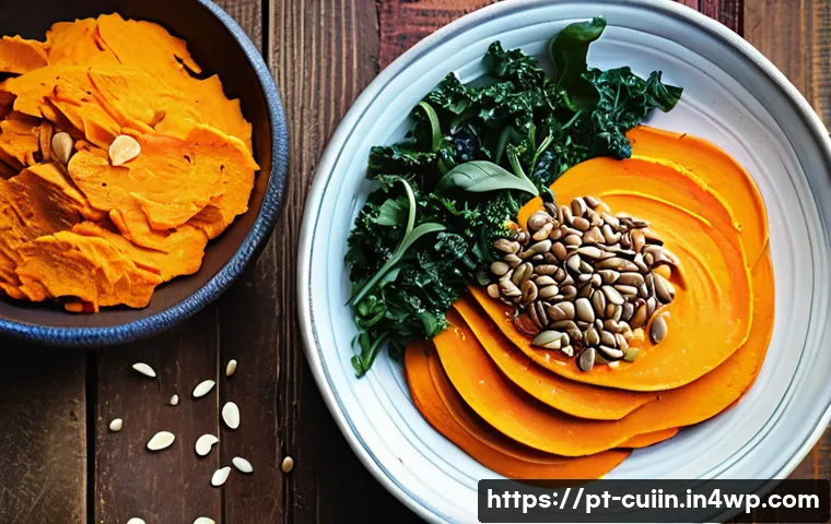 비건 레시피에서의 식재료 조합 비법 - A vibrant vegan dish on a rustic wooden table featuring a colorful bowl of creamy sweet potato purée...