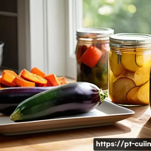 Home 31 채식 요리의 깊이를 더하는 조리 방법 - A vibrant kitchen scene featuring a rustic wooden table set with fresh vegetables such as eggplants,...