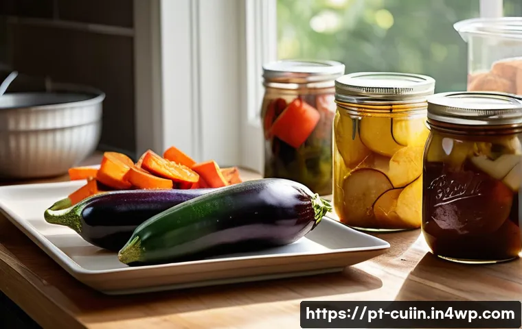 채식 요리의 깊이를 더하는 조리 방법 - A vibrant kitchen scene featuring a rustic wooden table set with fresh vegetables such as eggplants,...