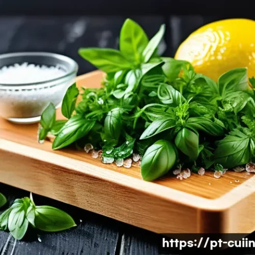 Home 30 채식 요리의 맛을 살리는 조리 과정 - A vibrant, close-up still life of fresh basil, parsley, and cilantro herbs delicately placed on a ru...