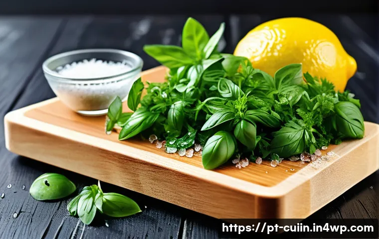 채식 요리의 맛을 살리는 조리 과정 - A vibrant, close-up still life of fresh basil, parsley, and cilantro herbs delicately placed on a ru...