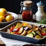 Home 23 다양한 채소를 활용한 맛있는 반찬 만들기 - A rustic kitchen scene showcasing a wooden table with a large baking tray filled with perfectly roas...