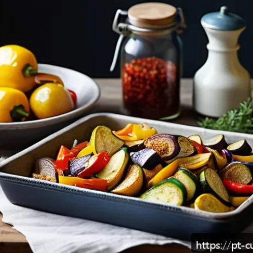 Home 17 다양한 채소를 활용한 맛있는 반찬 만들기 - A rustic kitchen scene showcasing a wooden table with a large baking tray filled with perfectly roas...