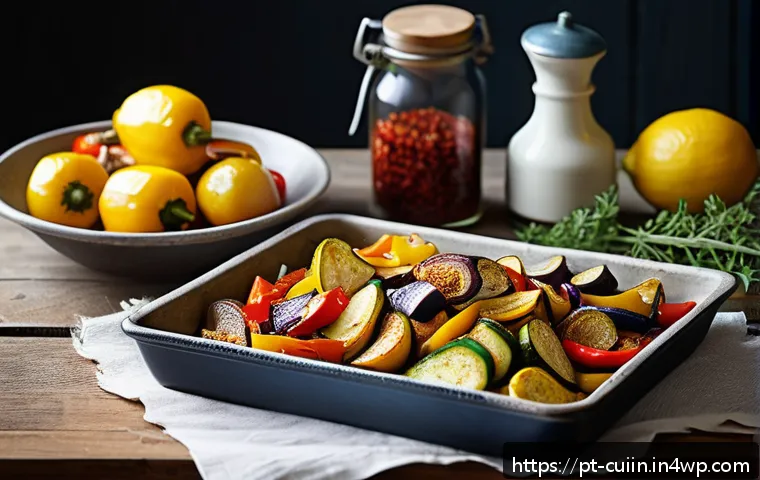 다양한 채소를 활용한 맛있는 반찬 만들기 - A rustic kitchen scene showcasing a wooden table with a large baking tray filled with perfectly roas...