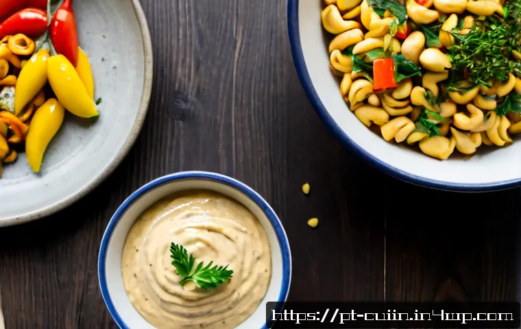 Home 17 비건 요리의 맛을 살리는 재료 대체법 - Photorealistic overhead kitchen scene showing vegan flavor-enhancing ingredient substitutes: creamy ...