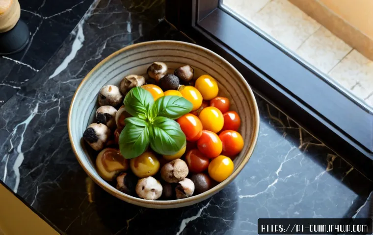 Home 17 채식 요리에서 사용하는 고급 재료 리스트 - Photorealistic overhead still life of premium vegan cooking ingredients on a rustic Portuguese marbl...