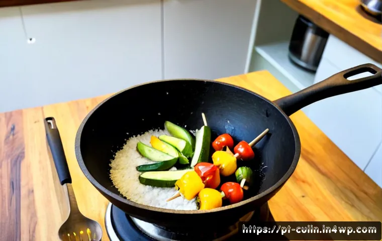 Home 17 채식 요리의 맛을 살리는 조리 도구 - Photorealistic bright Portuguese home kitchen, a cast-iron grill pan searing colorful vegetable skew...