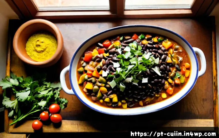Home 17 맛있는 채식 요리의 비법 재료 - Photorealistic overhead view of a vibrant Brazilian-inspired vegetarian kitchen table, fresh cassava...